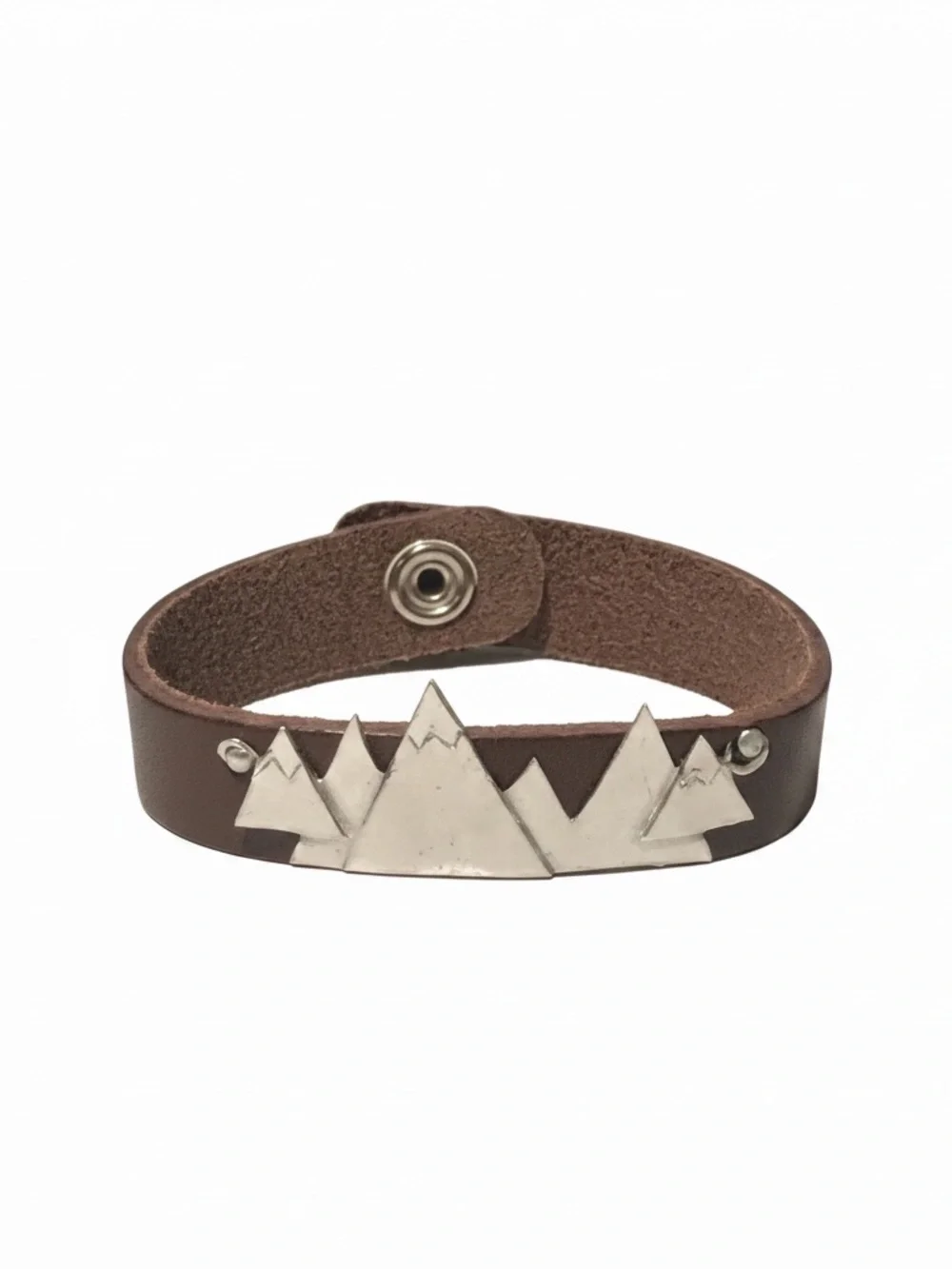 Handmade silver pewter mountain range brown 100%‎ leather cuff bracelet